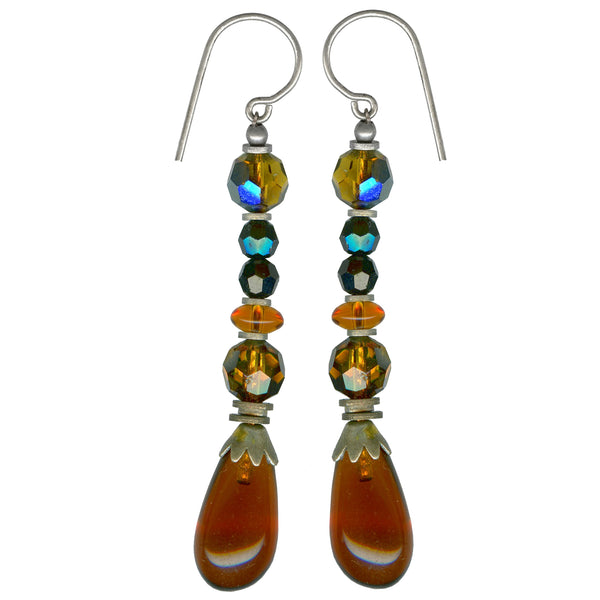 Dark topaz glass and crystal earrings. All handwork done in the USA using European glass and crystal. 