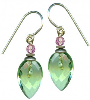 BIRDSONG 17 - peridot glass earrings with light pink Austrian crystal accents. Handmade in the USA.