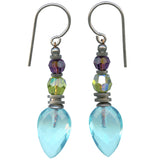 Aquamarine blue faceted drop earrings with green amethyst and olivine crystal accents, with sterling silver ear wires.