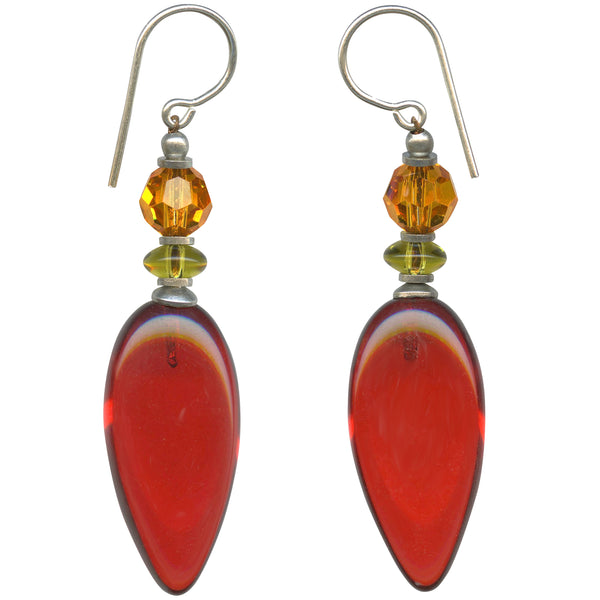 Bright red glass earrings with green and topaz accents in Czech glass and Austrian crystal. Ear wires are sterling silver. Handmade in the USA.