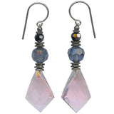 A pair of amethyst drop earrings with indigo blue and hematite accents, featuring antiqued silver metal trim and sterling silver ear wires.