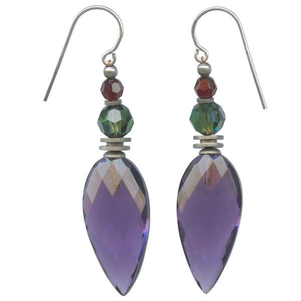 Amethyst glass drops with green and red Austrian crystal top beads. Silver ear wires. All handwork done in the USA.