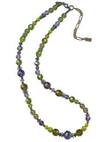 Czech glass and Austrian crystal 16 inch necklace. Shades of amethyst and olivine green with antiqued bronze accents. 2 inch extender included. All handwork done in the USA.