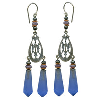 Antique frosted sapphire chandelier drops, circa 1920's Czechoslovakia. Earrings are handmade in the USA.