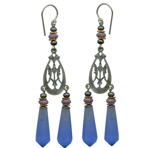 Antique frosted sapphire chandelier drops, circa 1920's Czechoslovakia. Earrings are handmade in the USA.