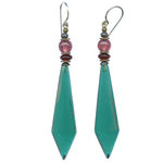 Teal prism earrings with Czech glass accents, handmade in the USA. Antiqued bronze trim.