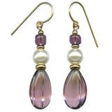 A pair of lavender and pearl glass earrings with gold-filled ear wires and amethyst crystal accents.