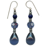 Indigo blue drop earrings. Antique Czech glass drops with Austrian crystal focal beads. Antiqued silver trim with sterling silver ear wires. All handwork done in the USA.