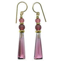 Pink glass drop earring with gold accents. All handwork done in the USA.