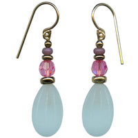 Frosted aqua glass earrings with pink Austrian crystal focal beads and purple Czech glass top beads. Trim is gold overlay with 14 karat gold filled ear wires. All handwork done in the USA.