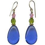 Sapphire blue glass drop earrings with green and pink glass and crystal accents. Gold trim. Handmade in the USA.