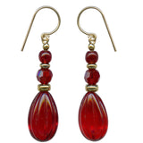 Bright red glass and crystal earrings with gold accents. Handmade in the USA.