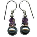 "Bells 10" Dark Silver Glass Pearl Drop Earrings with Amethyst Crystal Accents