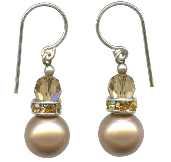taupe glass pearl earrings with rhinestones in smoke topaz, Austrian crystal top beads in light smoke topaz