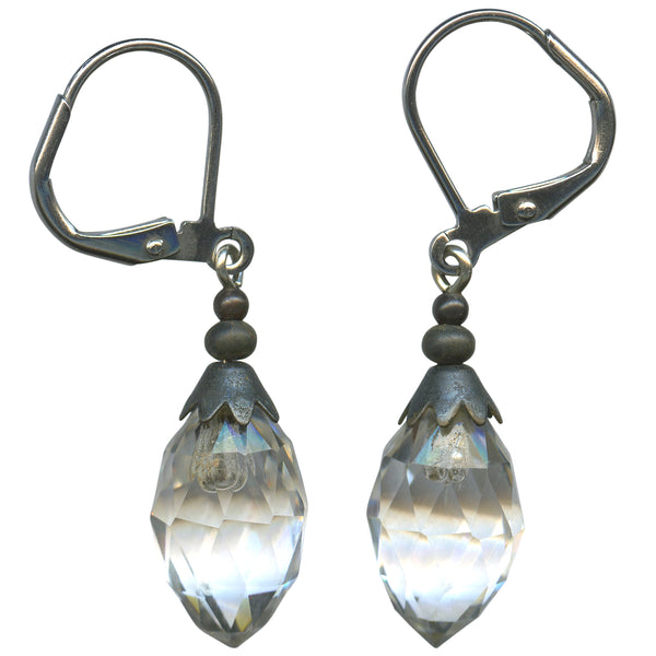 Antique clear crystal earring with bronze accents. Stainless steel lever backs. Made in the USA.