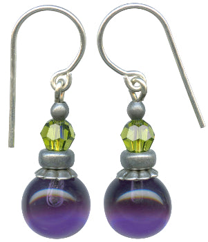 Amethyst glass drop earrings with citrus green Austrian crystal top beads. Ear wires are sterling silver. Hand made in the USA.