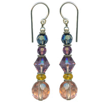 Czech glass earrings, peach, indigo, amethyst and topaz Czech glass stacked beaded earrings. Handmade in the USA.