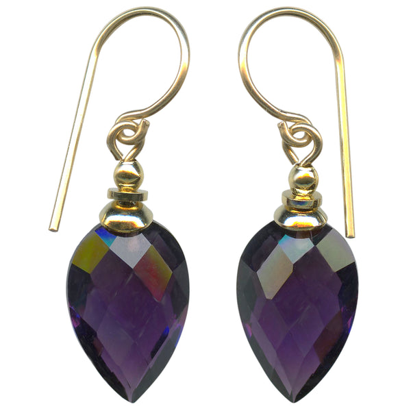 Extra fine amethyst glass drop earrings. Rare glass, from our makers in Germany. 14 karat gold filled ear wires. All handwork done in the USA.