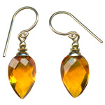 Topaz glass drop earrings with gold trim. Handmade in the USA.