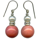 Antique Czech coral glass drop earrings with rhinestones and glass pearl accents. Handmade in the USA.