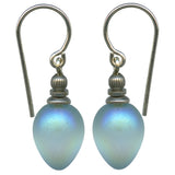 A pair of light blue frosted aquamarine glass drop earrings with antiqued silver dipped trim and sterling silver ear wires.