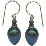 Indigo blue glass drop earrings with sterling silver ear wires and bronze accents.