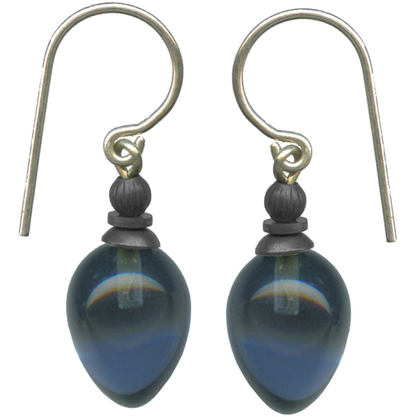Indigo blue glass drop earrings with sterling silver ear wires and bronze accents.