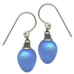 Frosted light sapphire with iridescent sheen glass earrings. Handmade in the USA. Sterling silver ear wires.