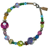 A multicolored bracelet with a mix of beads in shades of blue, red, green, and clear, featuring metal clasps and beadwork.