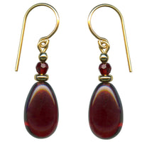 Garnet glass drops earrings with gold accents. Top beads are siam red Austrian crystal. All handwork done in the USA.