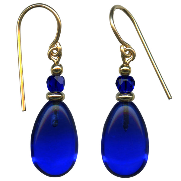 Cobalt glass drops with cobalt Czech glass accents. Gold trim. All handwork done in the USA.