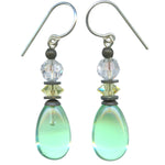 Peridot glass earrings with Czech glass top beads and pale yellow Austrian crystal accents. Handmade in the USA. 