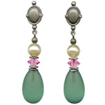 Post earrings, frosted tourmaline green glass drops with pearlized crystal accents.