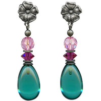 Teal glass post earrings with pink and fuchsia Austrian crystal accents. 