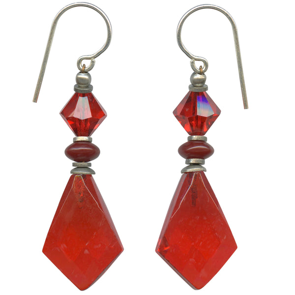 Red glass earrings, handmade. German and Czech glass, Austrian crystal.