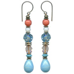 Pastel earrings with antique glass. Turquoise drops are antique Czech glass with light sapphire and pale peach Czech glass accents. Antiqued silver overlay accents with sterling silver ear wires. All handwork done in the USA.