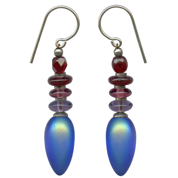 Frosted iridescent sapphire glass earrings. Czech glass top beads in shades of garnet and amethyst. Sterling silver ear wires. All handwork done in the USA.