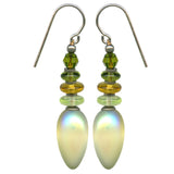 A pair of frosted jonquil yellow earrings with aurora borealis finish and olivine green Austrian crystals, with Czechoslovakian glass accents, on sterling silver ear wires.