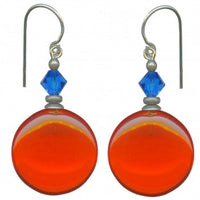 Bright orange glass earrings. German glass drops. Top beads are blue Austrian crystal. Sterling silver ear wires. All handwork done in the USA.