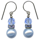 Light blue coated crystal pearl earrings. Blue rhinestones and light sapphire Austrian crystal accents.