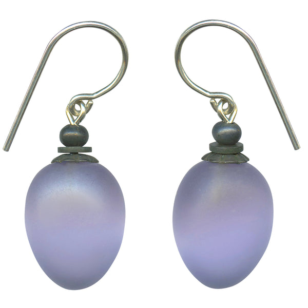 Frosted light amethyst glass drop earrings with bronze accents and silver ear wires
