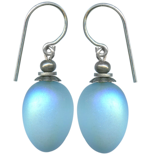 Frosted aquamarine iridescent glass earrings, sterling silver ear wires, handmade in the USA