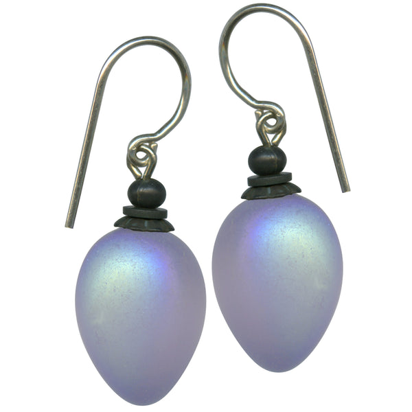 Frosted light amethyst iridescent glass earrings. Glass from Germany, from our collection, designed by Allen Owen. 