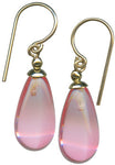 Pink glass drop earrings with gold trim. Handmade in the USA.