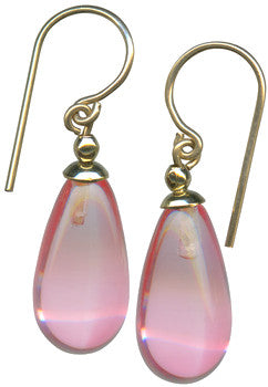 Pink glass drop earrings with gold trim. Handmade in the USA.