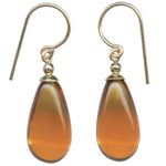 Bright topaz glass drop earrings with gold trim. Handmade in the USA.