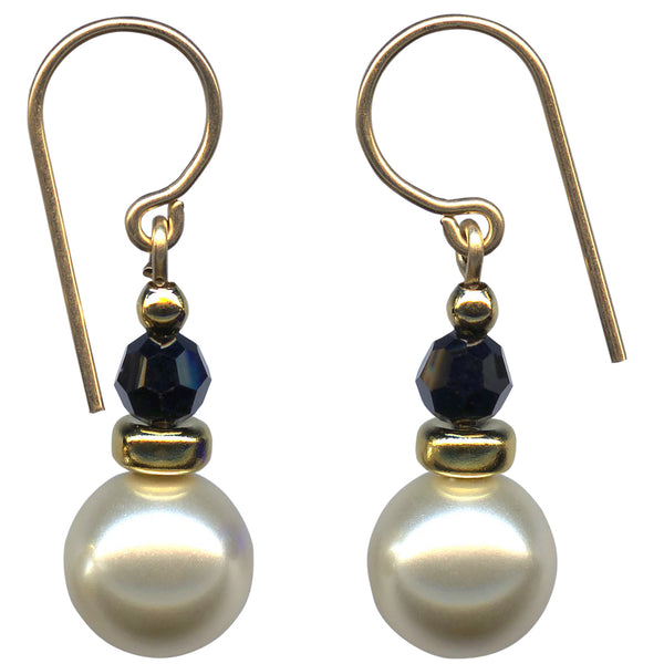 Glass pearl earrings with jet Austrian crystal top beads. Gold trim. Handmade in the USA.
