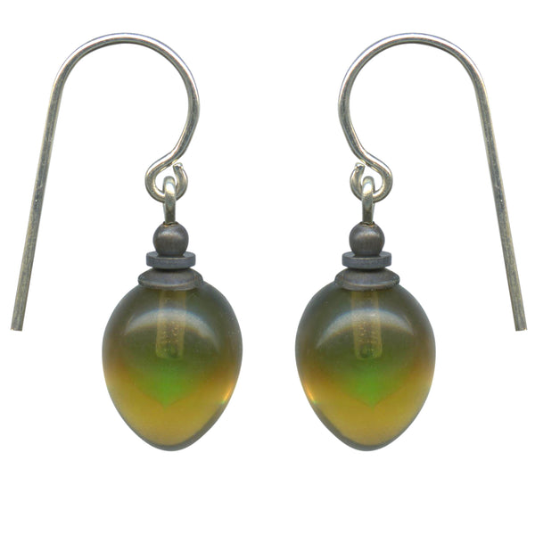 Two toned glass earrings in green and smoke topaz. Handmade in the USA using European glass.