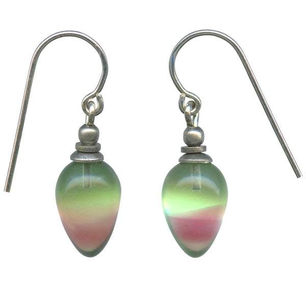 Two toned green and pink glass earrings. Sterling silver ear wires. All handwork done in the USA using European glass.