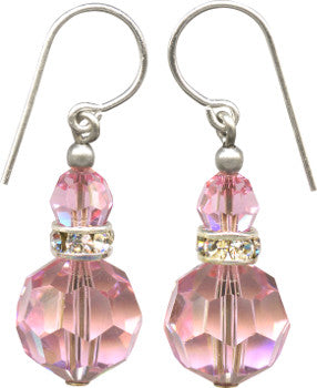 Pink Austrian crystal earrings with rhinestone accents. Handmade in the USA.